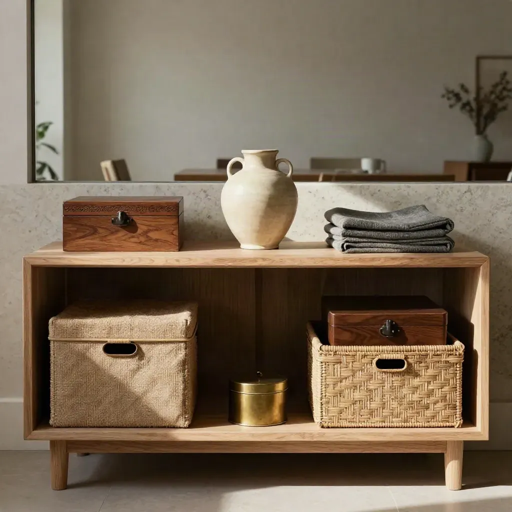 Sideboard con dos cajas, jarrón y recuerdos separados en un salón sereno.