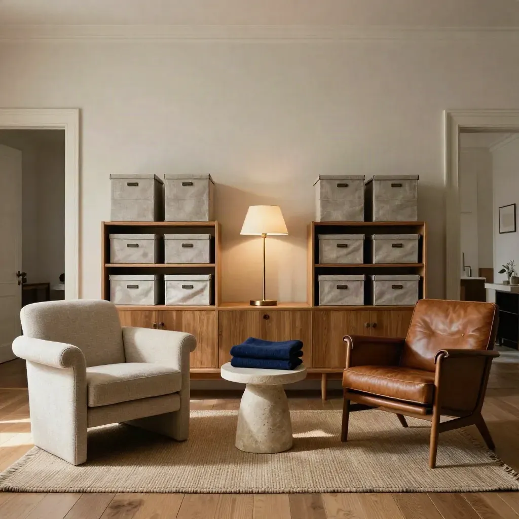 Sala de estar ordenada con dos sillones, lámpara central y cajas de almacenaje.
