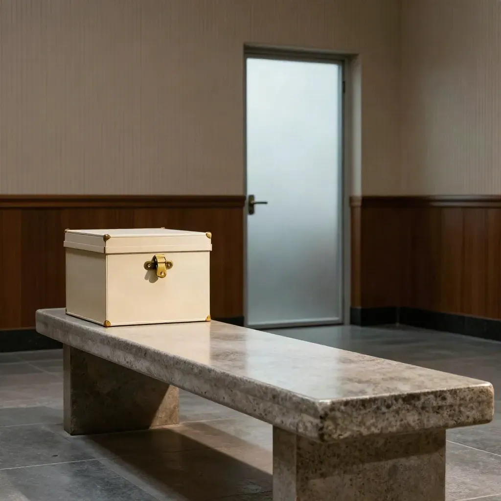 Antecámara de juzgado con banco de piedra, cajas de pruebas y puerta esmerilada