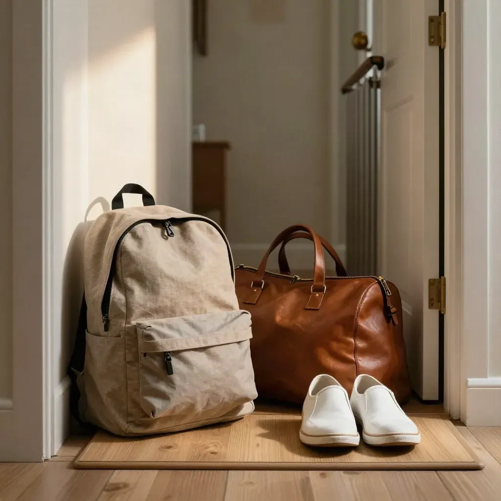 Entrada de piso con dos mochilas escolares, bolsa de fin de semana y zapatillas ordenadas junto a la puerta.