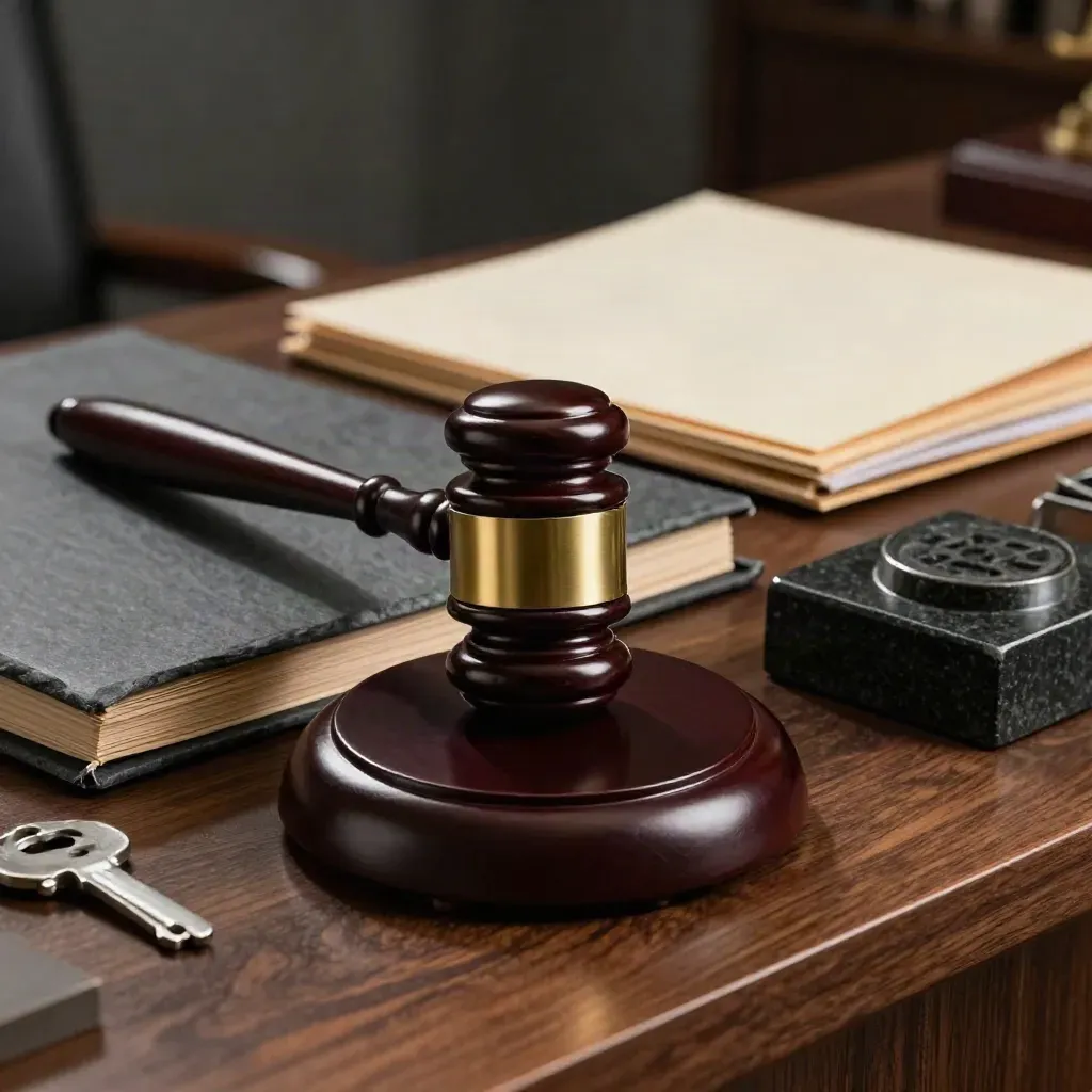 Martillo judicial, archivador rígido y pisapapeles de piedra sobre escritorio oscuro