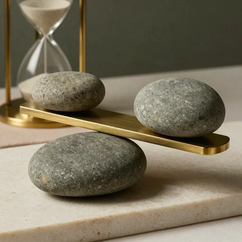 Dos piedras de equilibrio con un divisor de latón y un reloj de arena sobre travertino.