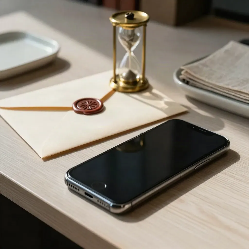 Smartphone, sobre y reloj de arena de latón sobre madera clara, escena legal sobria.