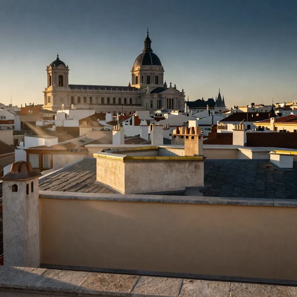 Azoteas de Madrid Centro con la cúpula del Metropolis y bruma cálida al atardecer.