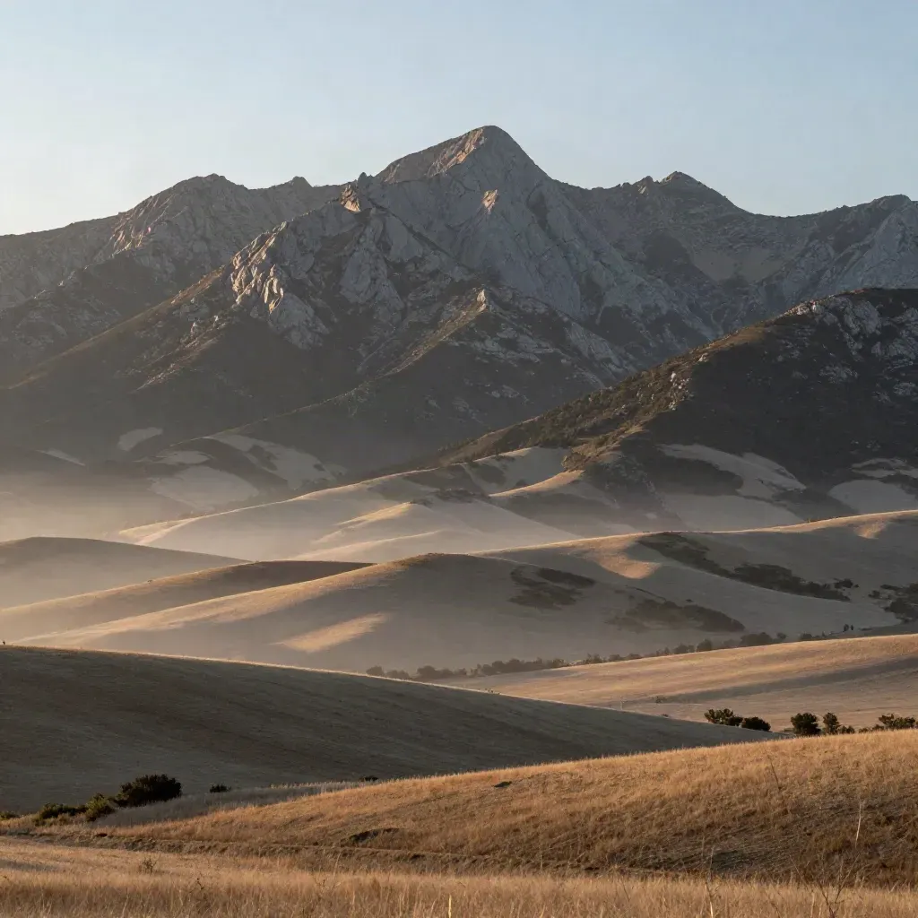 Sierra de Guadarrama al atardecer sobre lomas suaves y campos cubiertos de niebla dorada.