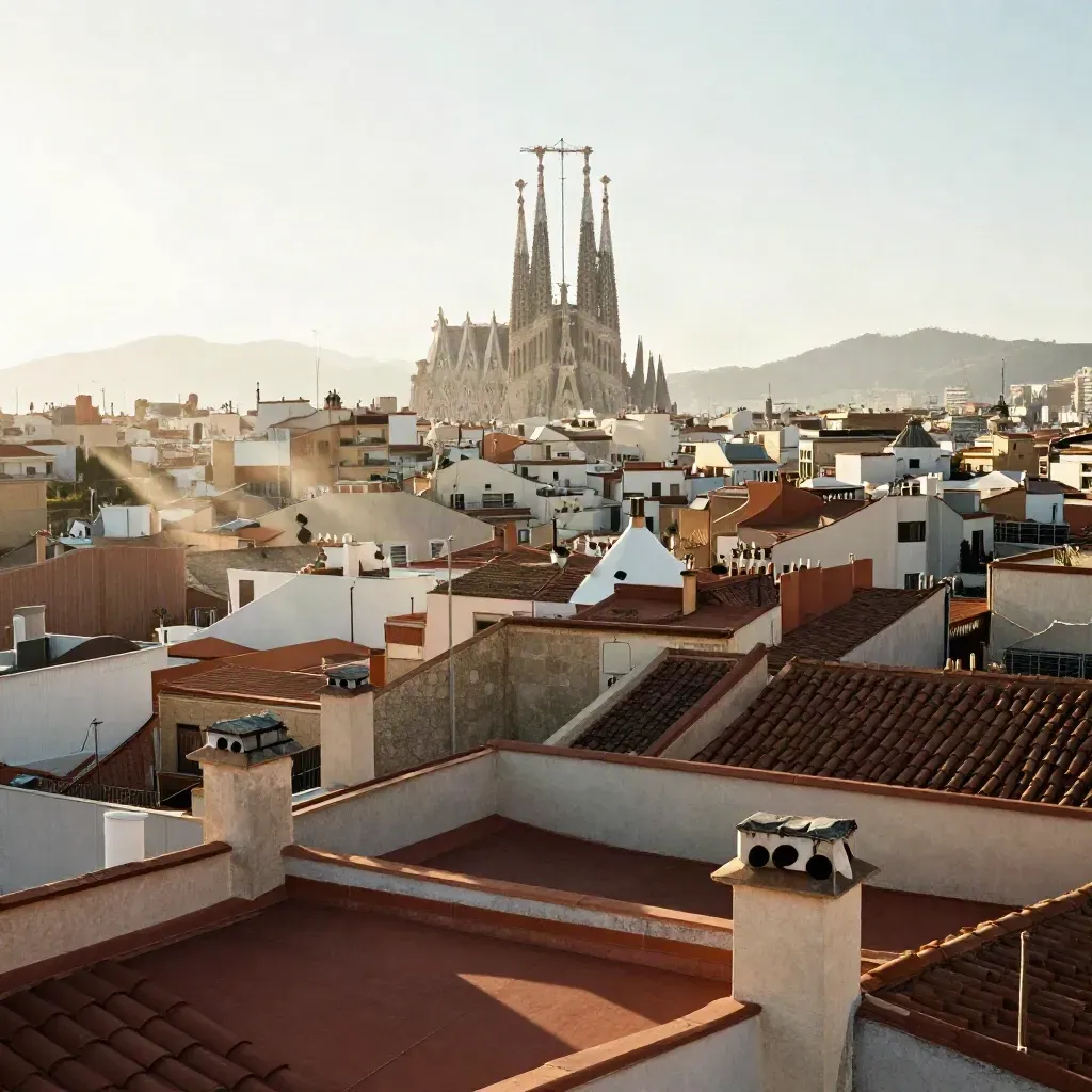 Tejados del Eixample con las agujas de la Sagrada Família al atardecer