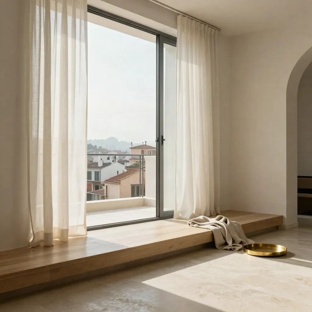 Interior luminoso de apartamento español con balcón, cortinas vaporosas y luz cálida.