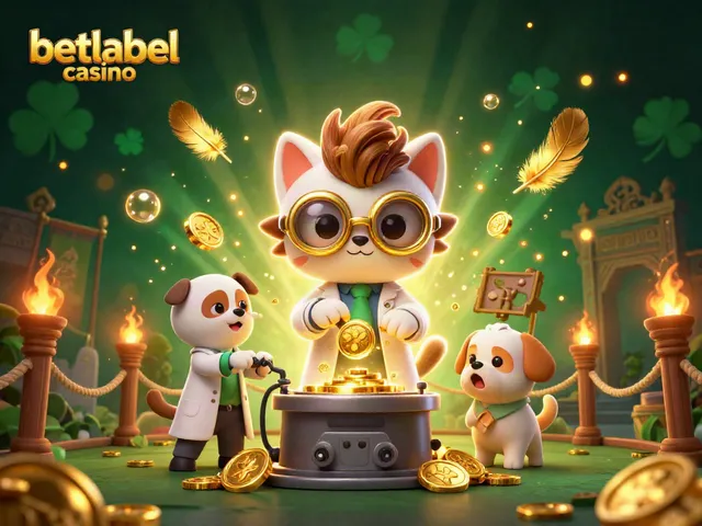 Experience the excitement of betlabel casino with a mad scientist cat and dog creating coins in a vibrant scene.