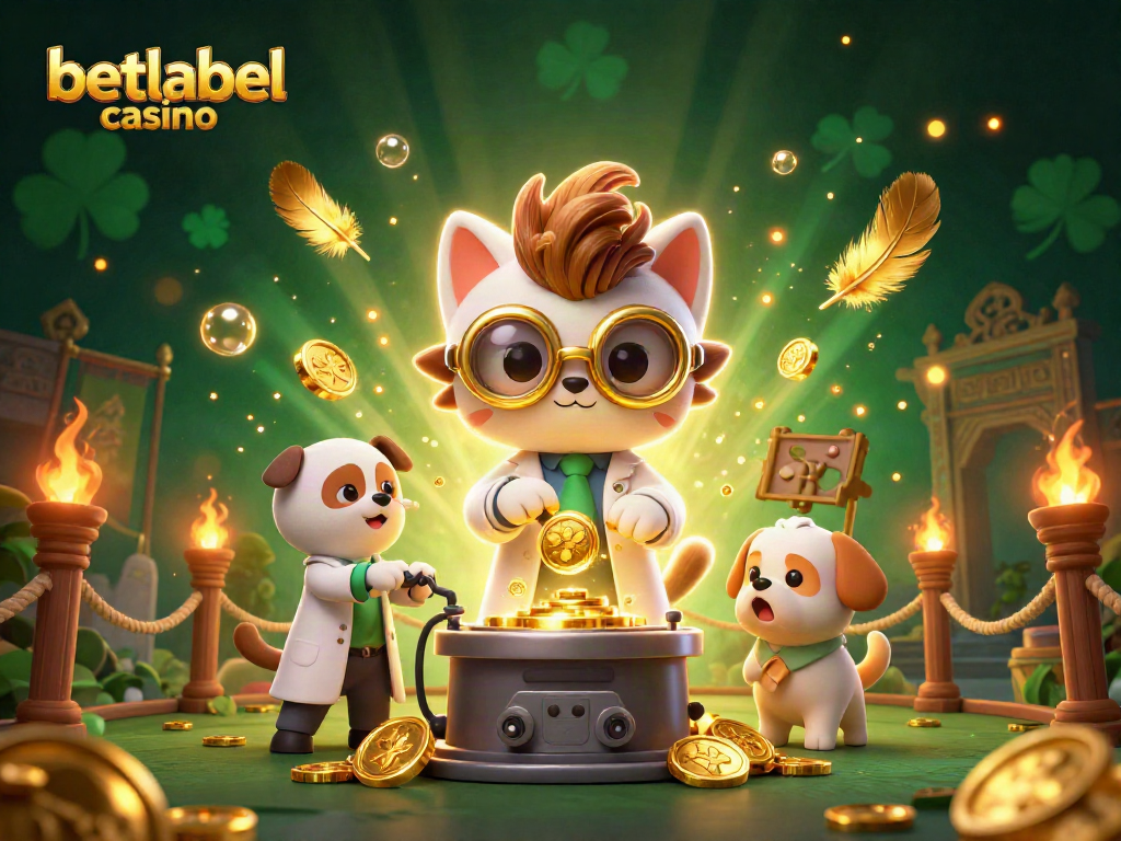 Experience the excitement of betlabel casino with a mad scientist cat and dog creating coins in a vibrant scene.